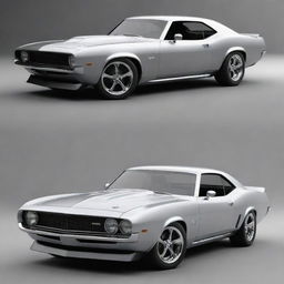 Generate a magnificent 2023 model muscle car, reflecting the perfect blend of classic design queues with futuristic elements