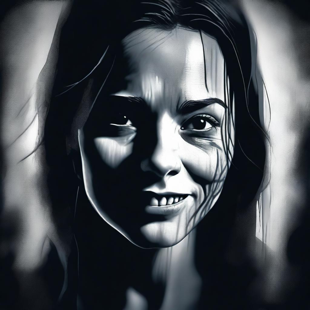 A high-quality digital art piece depicting a woman's face in a chilling horror style