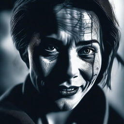 A high-quality digital art piece depicting a woman's face in a chilling horror style