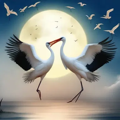 Underneath the moonlit sky, the graceful storks danced together in perfect harmony, symbolizing eternal love.