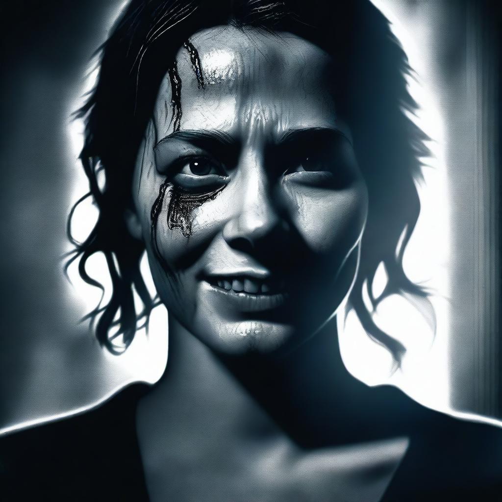 A high-quality digital art piece depicting a woman's face in a chilling horror style