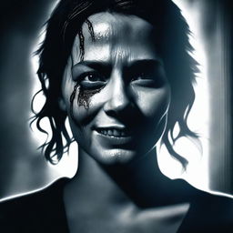 A high-quality digital art piece depicting a woman's face in a chilling horror style