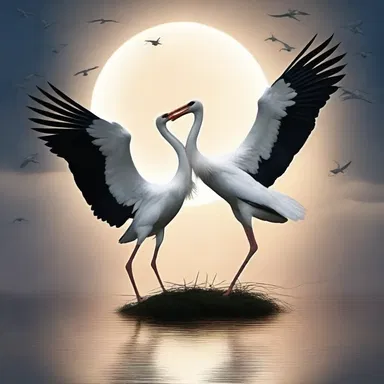 Underneath the moonlit sky, the graceful storks danced together in perfect harmony, symbolizing eternal love.