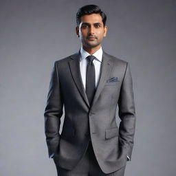 An elegant 3D Indian man dressed in a sophisticated business suit, exuding confidence and class. Image to be finished in high resolution 8K with a sleek animated style.