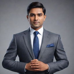 An elegant 3D Indian man dressed in a sophisticated business suit, exuding confidence and class. Image to be finished in high resolution 8K with a sleek animated style.