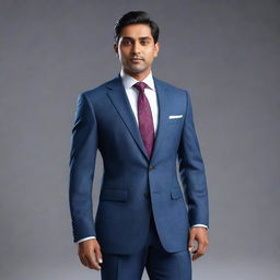 An elegant 3D Indian man dressed in a sophisticated business suit, exuding confidence and class. Image to be finished in high resolution 8K with a sleek animated style.