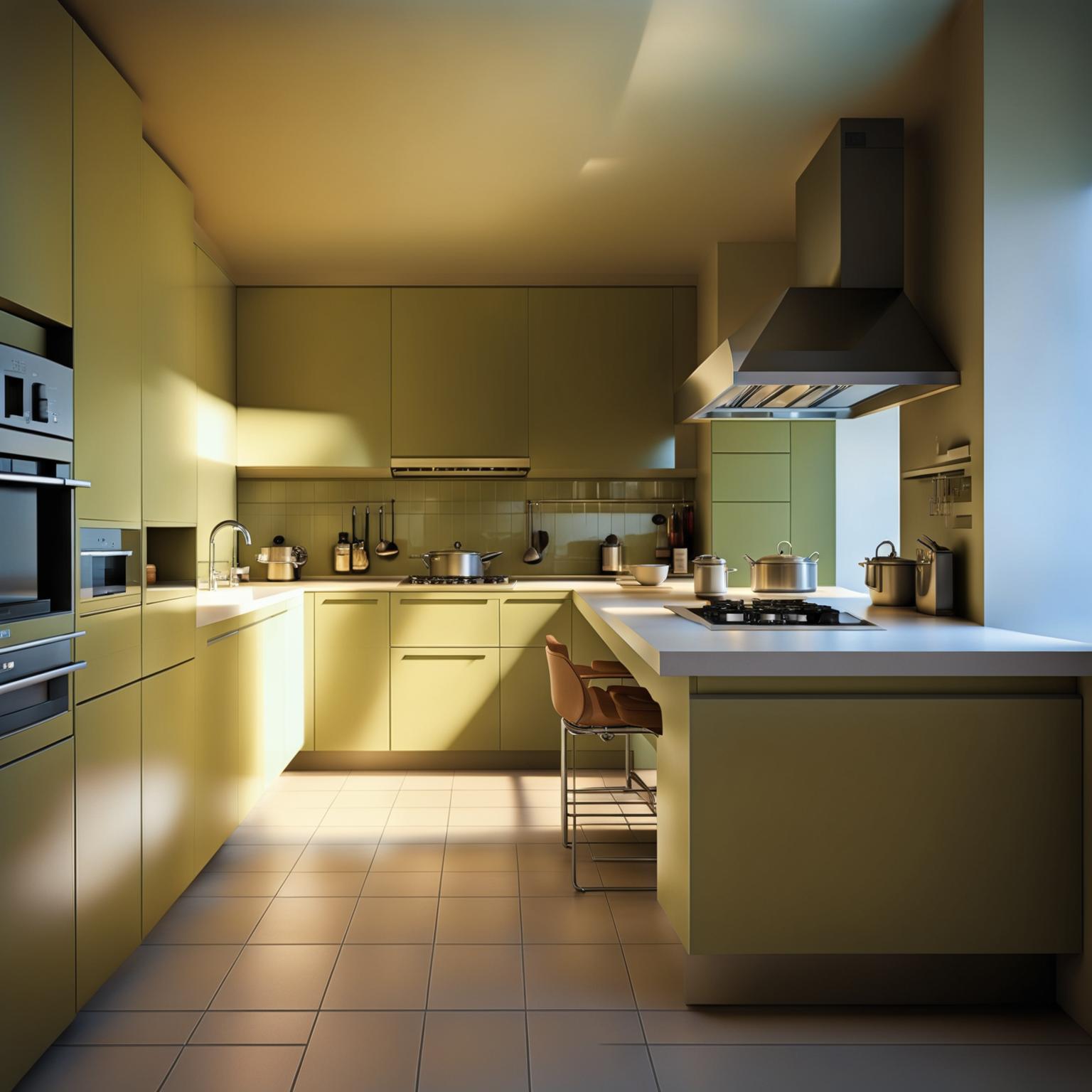 A digital image of an elegant, minimalist kitchen with sleek design