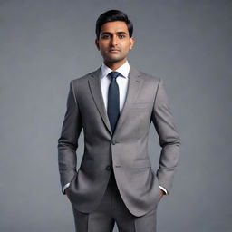 An elegant 3D Indian man dressed in a sophisticated business suit, exuding confidence and class. Image to be finished in high resolution 8K with a sleek animated style.