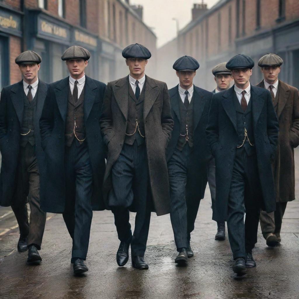 A gritty street scene featuring the members of the Peaky Blinders gang from the eponymous TV series, dressed in early 20th-century British street gang attire.