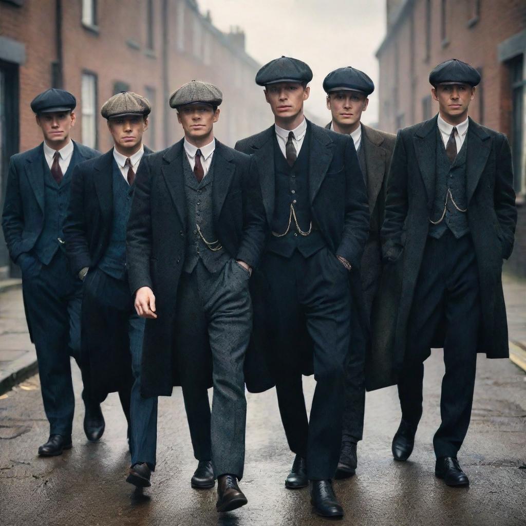 A gritty street scene featuring the members of the Peaky Blinders gang from the eponymous TV series, dressed in early 20th-century British street gang attire.