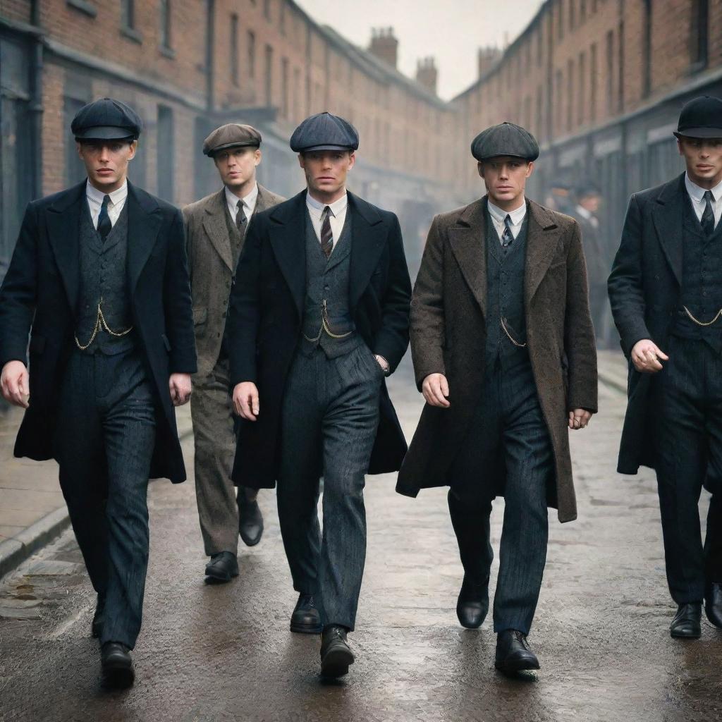 A gritty street scene featuring the members of the Peaky Blinders gang from the eponymous TV series, dressed in early 20th-century British street gang attire.