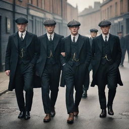 A gritty street scene featuring the members of the Peaky Blinders gang from the eponymous TV series, dressed in early 20th-century British street gang attire.