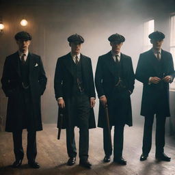 Characters from Peaky Blinders, in their iconic 1920s attire, standing in a hazy, dimly lit room, each casually puffing on a classic wooden pipe.