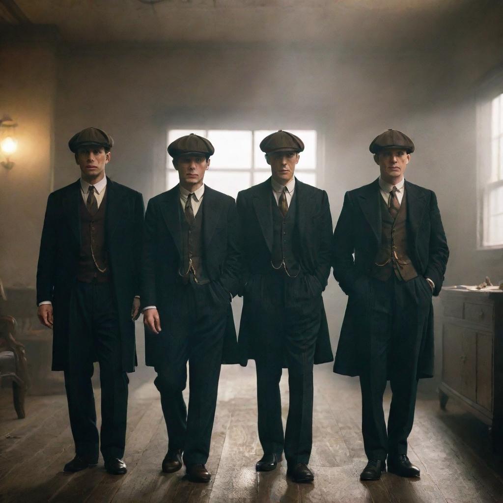 Characters from Peaky Blinders, in their iconic 1920s attire, standing in a hazy, dimly lit room, each casually puffing on a classic wooden pipe.