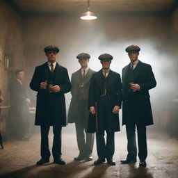 Characters from Peaky Blinders, in their iconic 1920s attire, standing in a hazy, dimly lit room, each casually puffing on a classic wooden pipe.