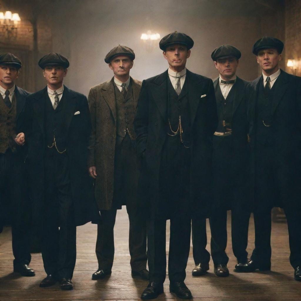 Characters from Peaky Blinders, in their iconic 1920s attire, standing in a hazy, dimly lit room, each casually puffing on a classic wooden pipe.