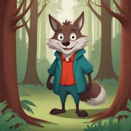 A cartoon illustration of the Big Bad Wolf from the Little Red Riding Hood tale, sporting a cunning smile, depicted in a lush, stylized forest setting.