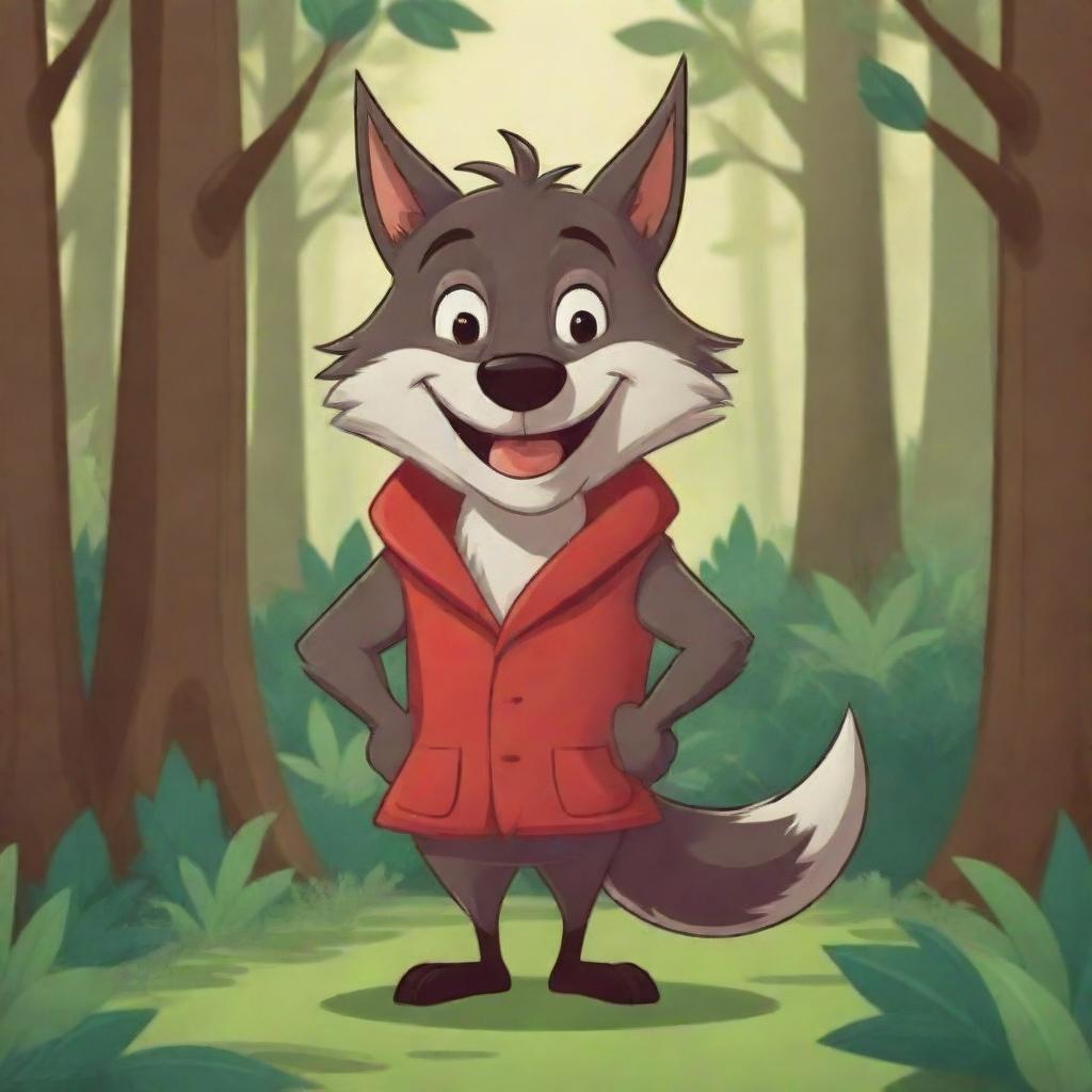 A cartoon illustration of the Big Bad Wolf from the Little Red Riding Hood tale, sporting a cunning smile, depicted in a lush, stylized forest setting.