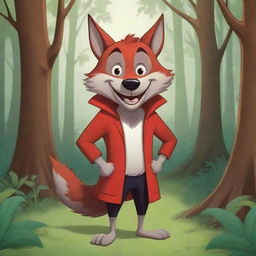 A cartoon illustration of the Big Bad Wolf from the Little Red Riding Hood tale, sporting a cunning smile, depicted in a lush, stylized forest setting.