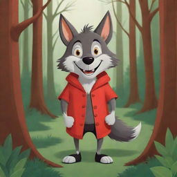 A cartoon illustration of the Big Bad Wolf from the Little Red Riding Hood tale, sporting a cunning smile, depicted in a lush, stylized forest setting.