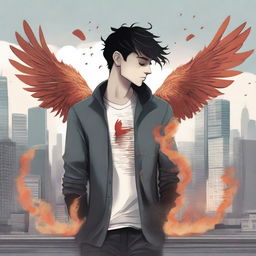 This high-quality digital art illustration for the book 'Harmonizing: The Highs And Lows' depicts an unknown male protagonist amidst a bustling cityscape