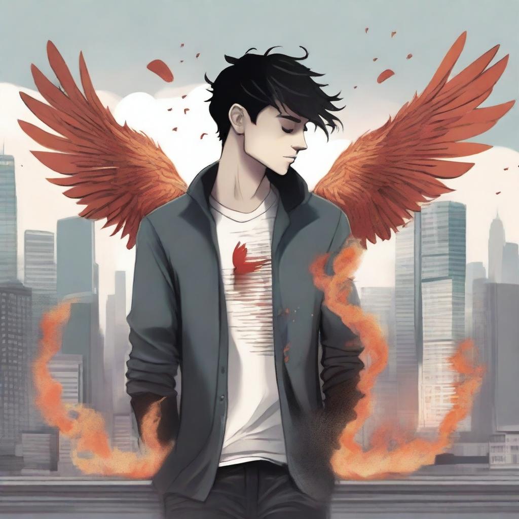 This high-quality digital art illustration for the book 'Harmonizing: The Highs And Lows' depicts an unknown male protagonist amidst a bustling cityscape