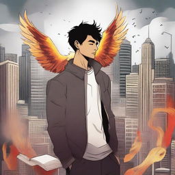 This high-quality digital art illustration for the book 'Harmonizing: The Highs And Lows' depicts an unknown male protagonist amidst a bustling cityscape