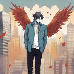 This high-quality digital art illustration for the book 'Harmonizing: The Highs And Lows' depicts an unknown male protagonist amidst a bustling cityscape