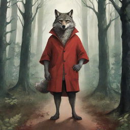 An illustration of the Big Bad Wolf from the Little Red Riding Hood story, revealing his cunning nature and sly smile, set within the enthralling backdrop of a dense forest.