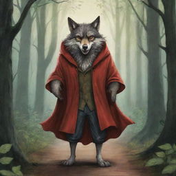 An illustration of the Big Bad Wolf from the Little Red Riding Hood story, revealing his cunning nature and sly smile, set within the enthralling backdrop of a dense forest.