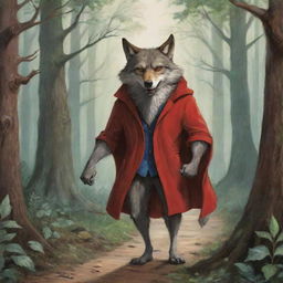 An illustration of the Big Bad Wolf from the Little Red Riding Hood story, revealing his cunning nature and sly smile, set within the enthralling backdrop of a dense forest.