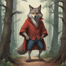 An illustration of the Big Bad Wolf from the Little Red Riding Hood story, revealing his cunning nature and sly smile, set within the enthralling backdrop of a dense forest.