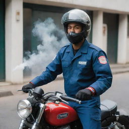 A Shopeefood delivery driver, wearing a uniform and helmet, standing near his motorcycle and subtly blowing smoke from a cigarette.