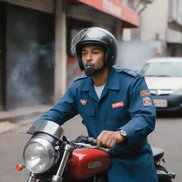 A Shopeefood delivery driver, wearing a uniform and helmet, standing near his motorcycle and subtly blowing smoke from a cigarette.