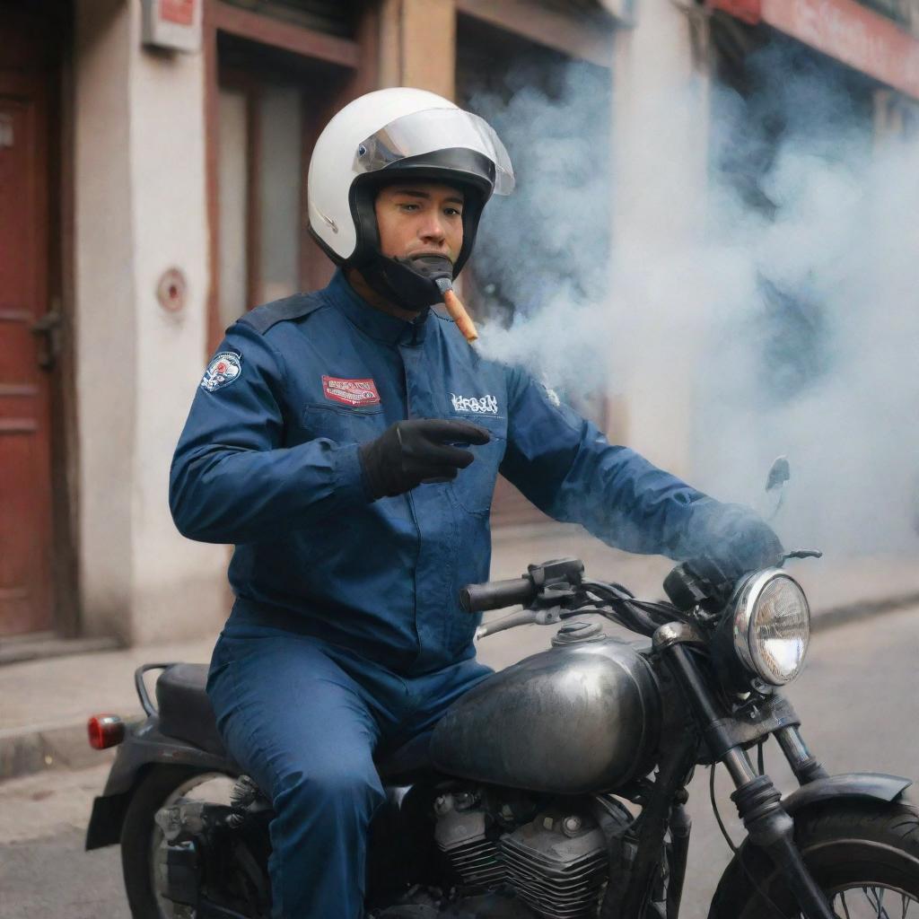 A Shopeefood delivery driver, wearing a uniform and helmet, standing near his motorcycle and subtly blowing smoke from a cigarette.