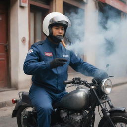 A Shopeefood delivery driver, wearing a uniform and helmet, standing near his motorcycle and subtly blowing smoke from a cigarette.