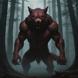 A more menacing rendition of the Big Bad Wolf from the Little Red Riding Hood story, with bared fangs, glowing eyes, and a towering stance amid the shadowy depths of a dense forest.