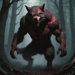 A more menacing rendition of the Big Bad Wolf from the Little Red Riding Hood story, with bared fangs, glowing eyes, and a towering stance amid the shadowy depths of a dense forest.