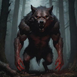 A more menacing rendition of the Big Bad Wolf from the Little Red Riding Hood story, with bared fangs, glowing eyes, and a towering stance amid the shadowy depths of a dense forest.