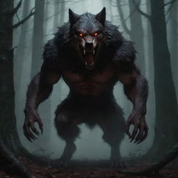 A more menacing rendition of the Big Bad Wolf from the Little Red Riding Hood story, with bared fangs, glowing eyes, and a towering stance amid the shadowy depths of a dense forest.