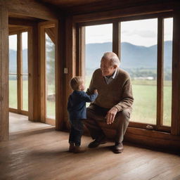 An elder gentleman with his young grandson sharing a heartwarming moment inside a rustic, warmly-lit house with a beautiful landscape visible through the window.