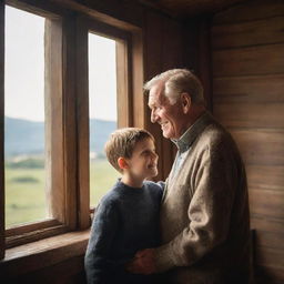 An elder gentleman with his young grandson sharing a heartwarming moment inside a rustic, warmly-lit house with a beautiful landscape visible through the window.