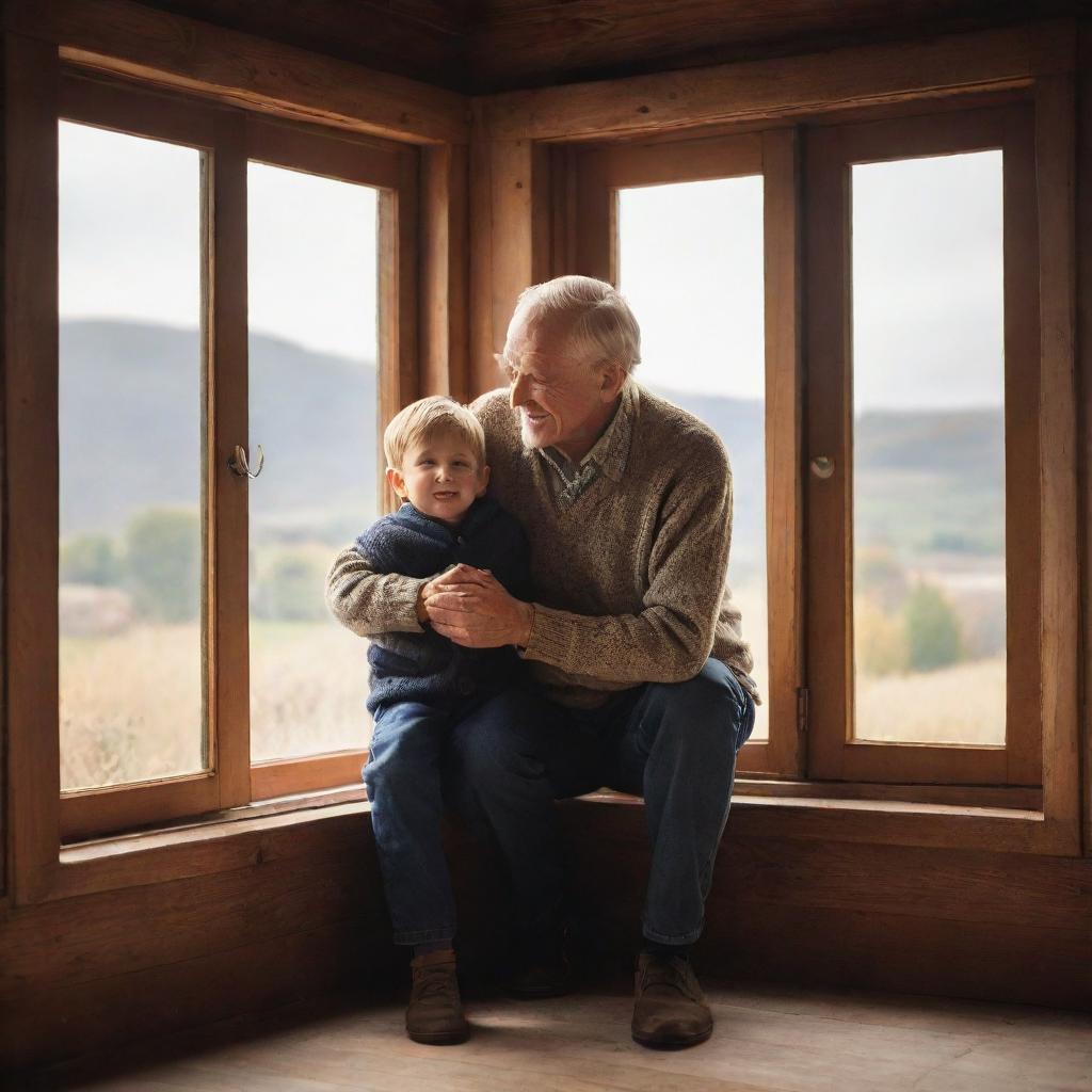 An elder gentleman with his young grandson sharing a heartwarming moment inside a rustic, warmly-lit house with a beautiful landscape visible through the window.