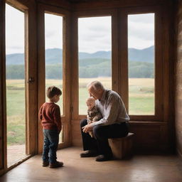 An elder gentleman with his young grandson sharing a heartwarming moment inside a rustic, warmly-lit house with a beautiful landscape visible through the window.