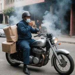 A Shopeefood delivery driver, in uniform, standing beside his parked motorcycle and casually exhaling smoke from his cigarette.