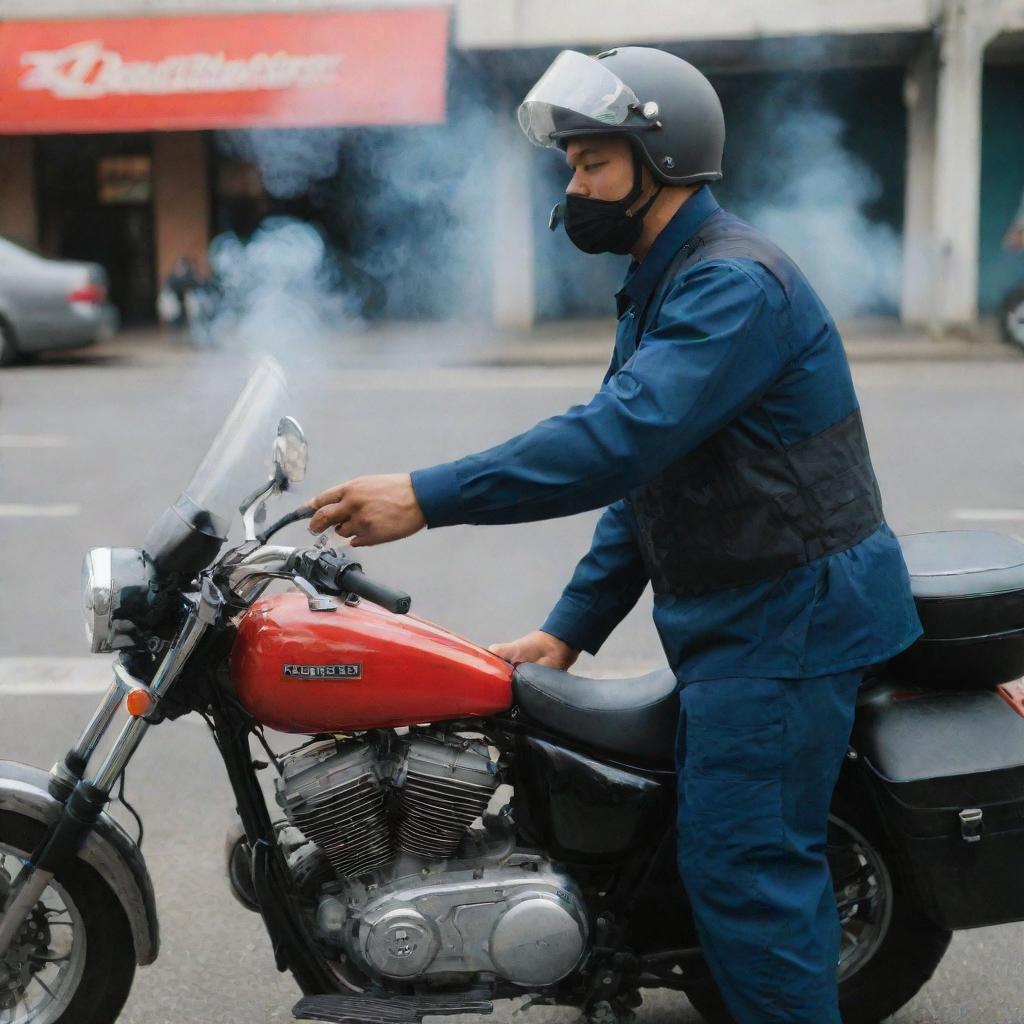 A Shopeefood delivery driver, in uniform, standing beside his parked motorcycle and casually exhaling smoke from his cigarette.