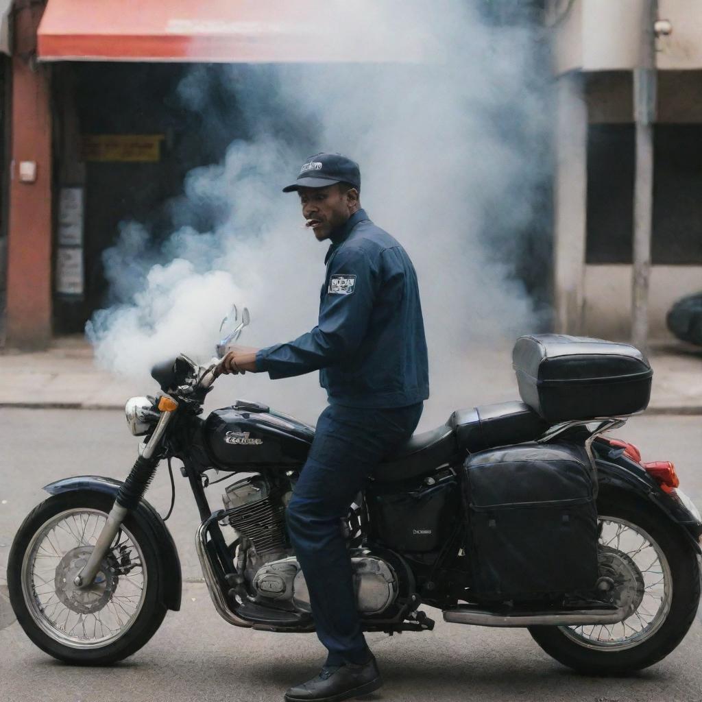 A Shopeefood delivery driver, in uniform, standing beside his parked motorcycle and casually exhaling smoke from his cigarette.