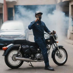 A Shopeefood delivery driver, in uniform, standing beside his parked motorcycle and casually exhaling smoke from his cigarette.