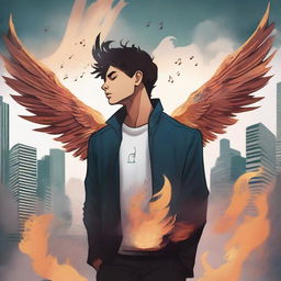 This high-quality digital art illustration for the book 'Harmonizing: The Highs And Lows' depicts a male protagonist in moments of love and heartbreak against the backdrop of a bustling city