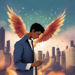 This high-quality digital art illustration for the book 'Harmonizing: The Highs And Lows' depicts a male protagonist in moments of love and heartbreak against the backdrop of a bustling city